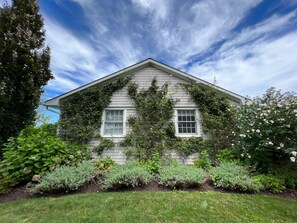 The property is filled with roses, hydrangea and wild flowers