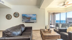 Rich leather sofas in the main room