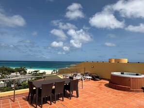 Rooftop terrace has hot tub, loungers, dining table, propane grill, and SUNSETS!
