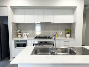 Fully equipped modern kitchen with stainless steel appliances.
