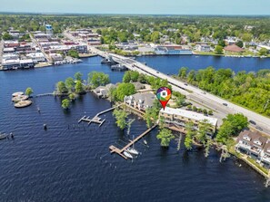 Arial view of condo, capturing the short distance to downtown Elizabeth City.