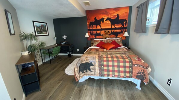Comfortable queen-sized bed with medium-firm pillow-top mattress