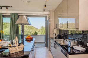 Main villa open plan fully equipped kitchen - dining - living area