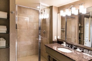 A well-lit bathroom with elegant fixtures offers a serene environment for a rejuvenating routine.