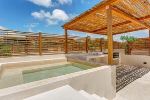 Enjoy the private rooftop terrace lounge with outdoor dining, a grill, a wet bar & plunge pool