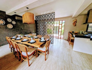 The dining table can seat 10 guests