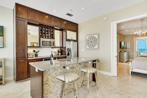 Kitchen with granite countertops.