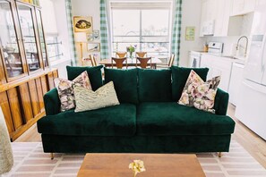 Living Room with Tempurpedic queen sleeper sofa. 