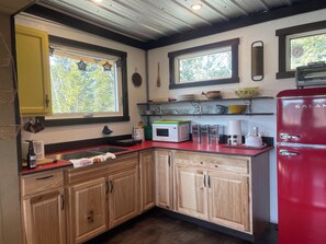 Kitchen with kettle, toaster oven, microwave, induction burner, fridge, sink