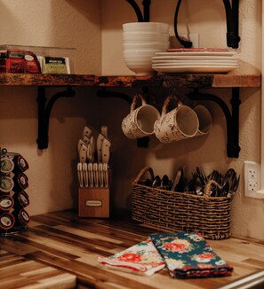 Our cabin is stocked with kitchen utensils and necessities.