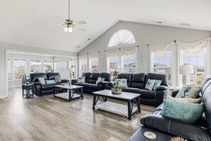 This is our living room, featuring comfy Lazy Boy sofas perfect for kicking back and relaxing. It’s a great spot to unwind after a day at the beach!