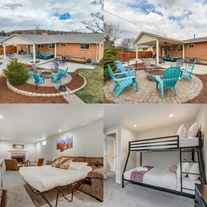 Outdoor Gathering Spot: Enjoy the fire pit and comfortable seating under the covered patio—perfect for relaxing evenings with friends and family.