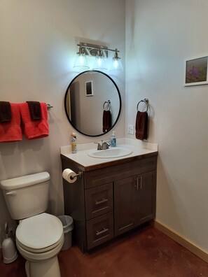 Emerald Suite - Bathroom Equipped with Tub/Shower Combo, Shampoo, Conditioner, Body wash, Hair Dryer, Iron, and Ironing board.