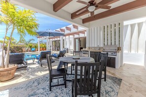 Pool Area with Fountains, Covered Dining Area with Refrig, Sink, Sonos and BBQ