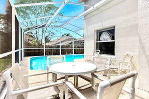 Patio area with lots of seating, it is very private