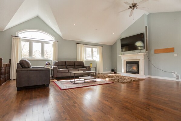 Living area featuring an electric fireplace and comfy couches