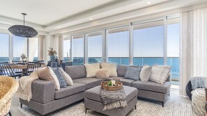 The wrap around sofa welcomes you in the living groom