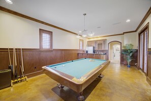 1st Floor - 🎱 Game Room – Wet bar, TV, pool table, refrigerator, Keurig, and full bathroom.