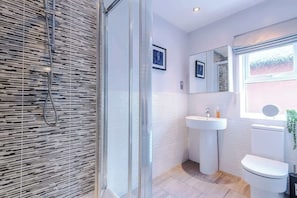 Large ensuite bathroom with a standup shower, sink and toilet