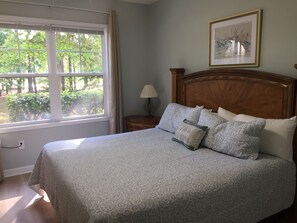 King size bed, walk in closet dresser smart TV, black out curtains, full bath rm