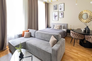 Living area with a bed, sofa bed and kitchen