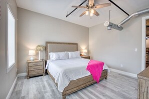 Experience our cozy bedroom with spectacular views of downtown Biloxi, Mississippi and MGM Baseball Stadium. Walking distance to Biloxi Beach, Beau Rivage Casino, and The Hard Rock Casino