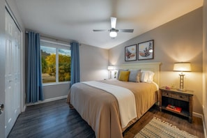 Bedroom 2 with queen bed, closet, and gorgeous mountain views