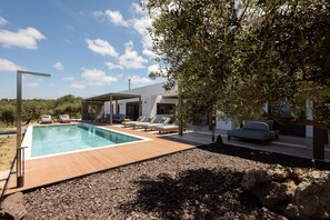 The outdoor area features sun beds, side tables, and a poolside shower