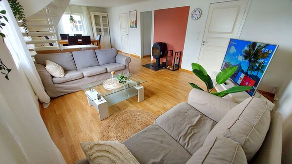 Cosy and bright living room with fireplace and TV