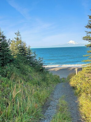 Easy walk down on property to Kenai Beach overlooking Mt Redoubt