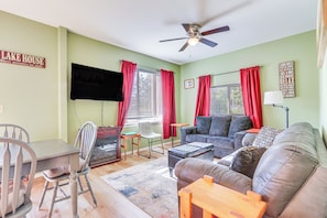 Living Room | 2-Story Home | Electric Fireplace | Keyless Entry