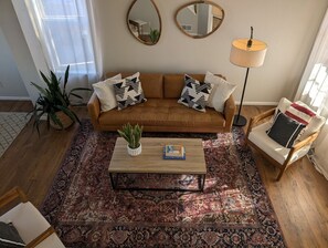Relax on the comfortable leather sofa