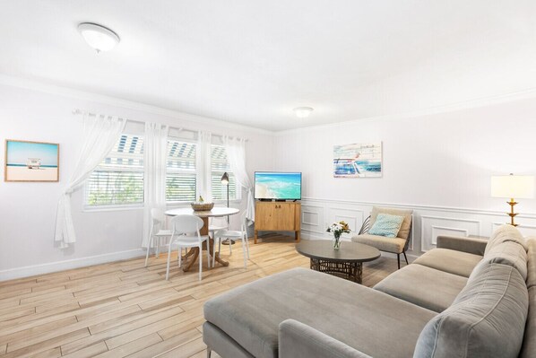 Living room with view of courtyard