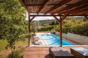 Outside: 1 heated swimming pool - Deckchairs + Parasol - Outside shower - Large terrace with dining area - Pool-housse with garden furniture - Barbecue.