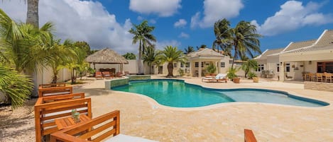 Step into elegance with our private pool and sun loungers, providing a stylish and serene environment for a day of complete relaxation and luxury.
