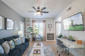 Spacious living area with Roku Smart TV
