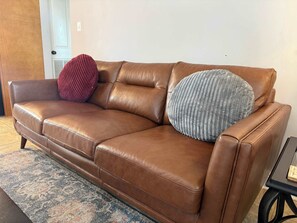 Big comfortable real leather couch in the living room