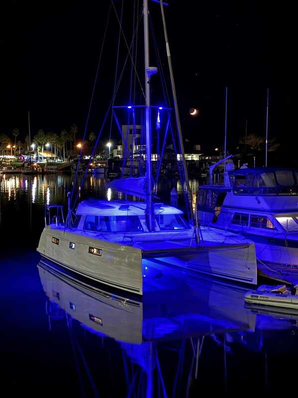 Vela with her cool blue deck lights on