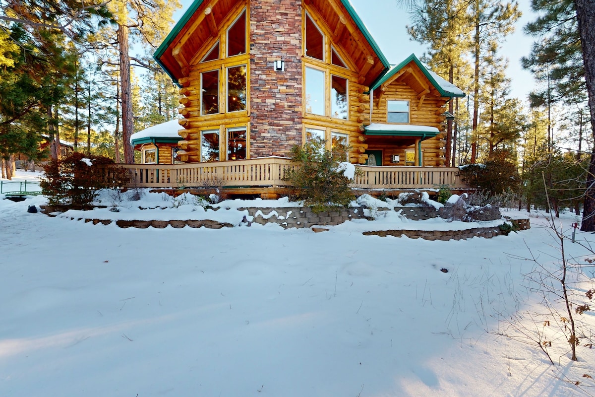 Spacious log cabin with grill, gas fireplace, board games, W/D, & central AC