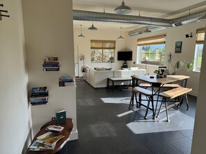 Open concept dining and living room.
