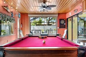 Pool table right out to the pool! Dart board ready for Round the World