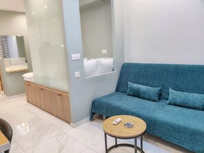 Living area and bed