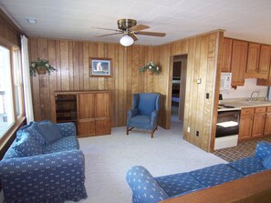 Upstairs living room has pull out couch.