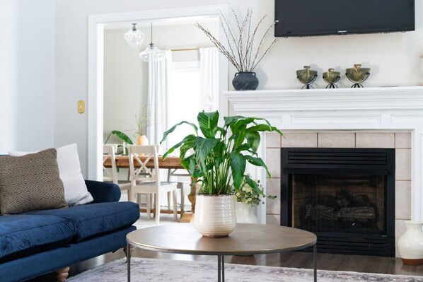 Blue and white bliss: A calming living room retreat.