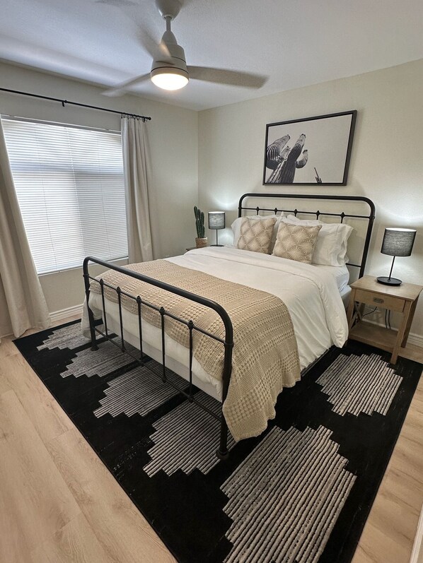 Bedroom with Pottery Barn bed, new memory foam Queen mattress
