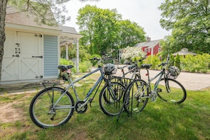 We are happy to offer complimentary bikes, helmets, and locks at our three adjacent Old Mystic properties; the Denison Home, Carriage House, and Williams Home & Smith Cottage, including helmets and locks. These are shared with all guests staying at our adjacent properties and are available on a first come basis. River Road is just around the corner for a beautiful ride into downtown Mystic!