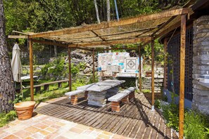 Ca. 35 m² große Terrasse mit Steintisch und -bänken, Grillmöglichkeit und grandioser Seesicht