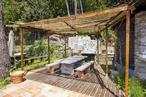 Ca. 35 m² große Terrasse mit Steintisch und -bänken, Grillmöglichkeit und grandioser Seesicht