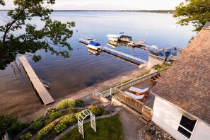 Aerial view of the home including dock