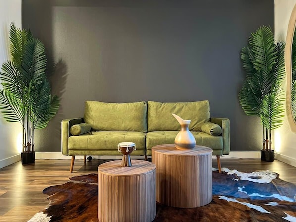 Modern Cosmopolitan Style Apartment  Living room with a sofa, and a 55" Smart TV (Netflix, Hulu, and Disney+ we logged them remotely) included for free.